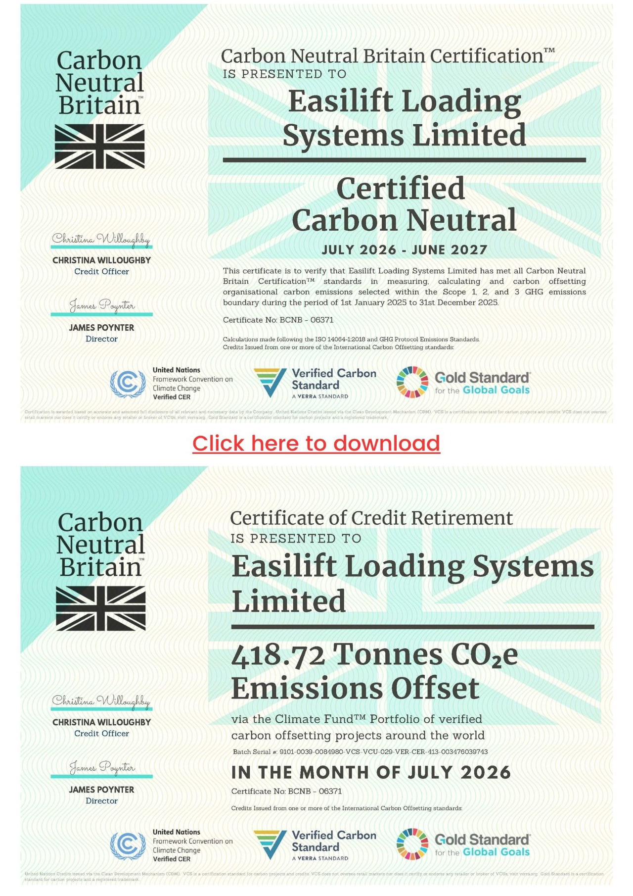 Easilift Loading Systems Carbon Neutral Britain Certificates 2026